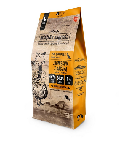 WIEJSKA ZAGRODA Bárány kacsával kutyák számára, száraz táp (S) 20 kg