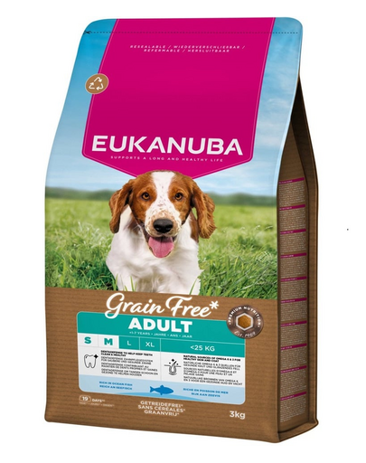 EUKANUBA Grain Free Adult Small Medium Ocean Fish 3 kg gabonamentes eledel felnőtt kis- és közepes testű kutyáknak halal