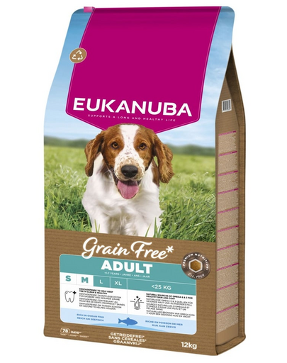 EUKANUBA Grain Free Adult Small Medium Ocean Fish 12 kg gabonamentes eledel felnőtt kis- és közepes testű kutyáknak halalapú
