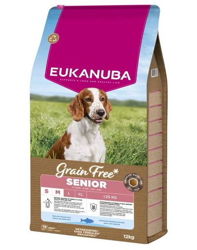 EUKANUBA Grain Free Senior Small Medium Ocean Fish 12 kg gabonamentes táplálék idősebb, kis és közepes testű kutyáknak, halakkal