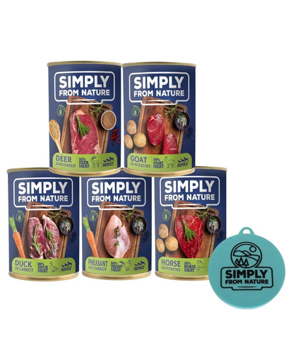 SIMPLY FROM NATURE Mokra karma dla psa mix smaków 6 x 400g + pokrywka na puszki