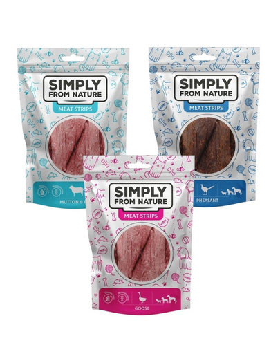SIMPLY FROM NATURE Meat Strips Mięsne paski Mix smaków gęś, bażant, baranina dla psów 3x80 g