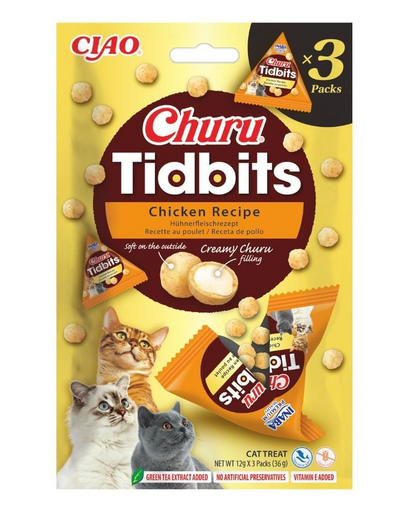INABA Cat Churu Tidbits Chicken Recipe 3x12g puha és krémes csirkés és lazacos falatok macskáknak