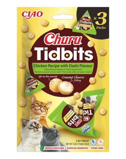 INABA Cat Churu Tidbits Chicken Recipe with Dashi Flavor 3x12g puha és krémes csirkés falatok dashi ízesítéssel macskák számára