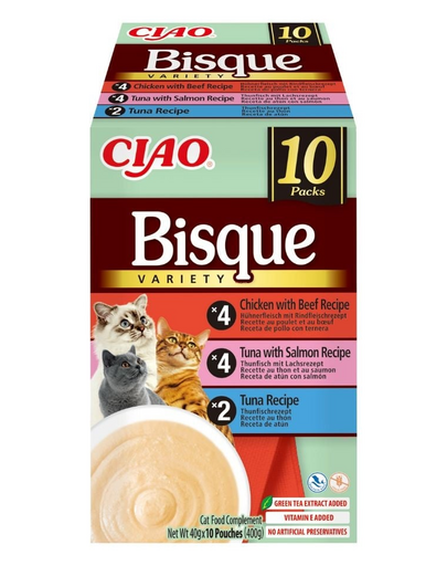 INABA Cat Ciao Bisque Variety 10x40g mix zup krem z tuńczykiem, wołowiną i kurczakiem dla kotów