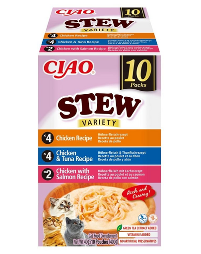 INABA Cat Ciao Stew Creamy Variety 10x40g mix ízletes falatok csirkével, tonhallal és lazaccal krémes szószban