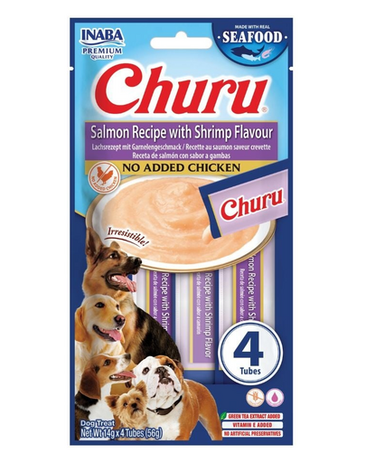 INABA Dog Churu Fish Based Salmon with Shrimp Recipe 4x14g krémes jutalom falatok lazaccal és garnélával kutyáknak