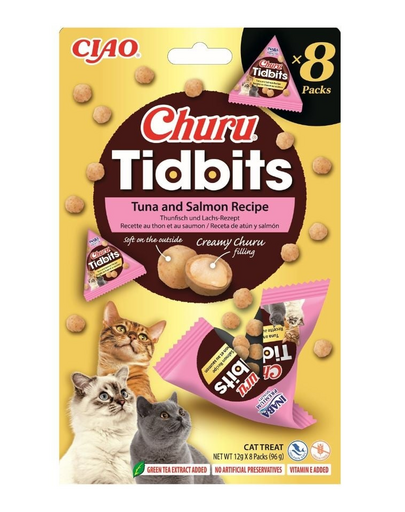 INABA Cat Churu Tidbits Tonhal és Lazac Recept 8x12g puha és krémes falatok macskáknak tonhallal és lazaccal