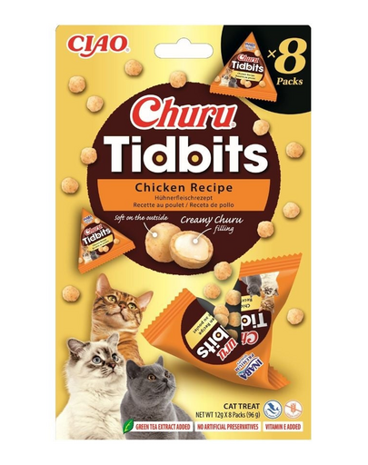 INABA Cat Churu Tidbits Chicken Recipe 8x12g puha és krémes csirkés és lazacos falatok macskáknak