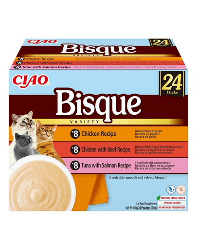 INABA Cat Ciao Bisque Válogatás 24x40g – csirkés, marhahúsos és halas krémleves keverék macskáknak
