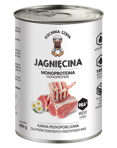 KUCHNIA SZEFA Jagnięcina Monoproteinowa kutya kutyák számára 400 g