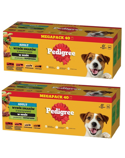 PEDIGREE Adult Wybór Smaków z warzywami saszetki 80x100 g mokra karma pełnoporcjowa dla dorosłych psów, z mieszanką wołowiny i jagnięciny, z mieszanką wołowiny i wątróbki, z kurczakiem, z indykiem, w sosie