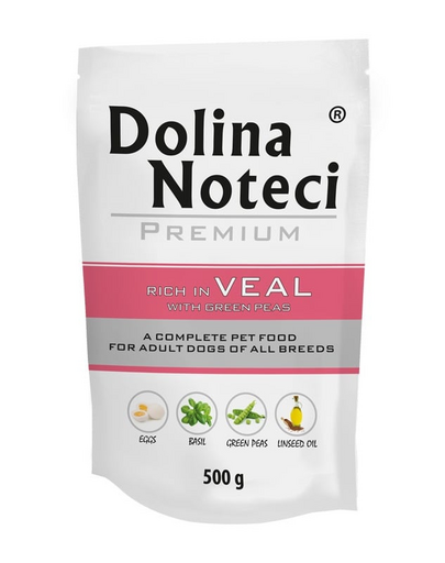 DOLINA NOTECI Premium Borjúhússal és zöldborsóval készült kutyatáp 500 g