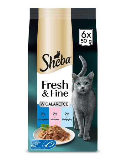 SHEBA Fresh & Fine z zselé 6x50g tonhallal, lazaccal és fehér hallal, nedves macskaeledel