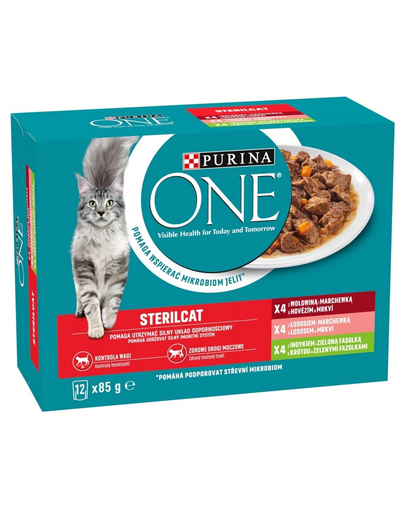 PURINA ONE Sterilcat 12x85g marhahússal és sárgarépával, lazaccal és sárgarépával, pulykával és zöldbabbal, nedves macskaeledel ivartalanított macskáknak