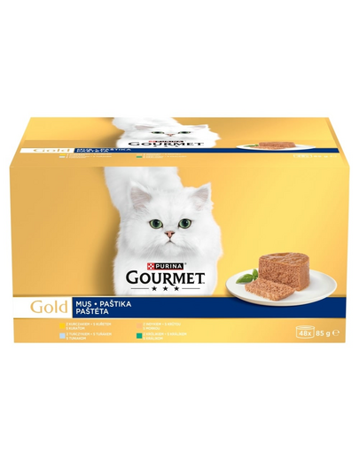 GOURMET Gold Mus 48x85g csirkével, tonhallal, pulykával és nyúllal, nedves macskaeledel