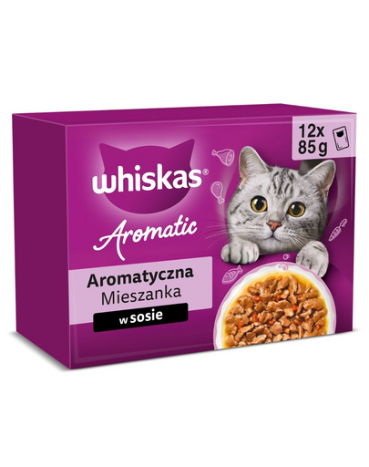 WHISKAS Adult Aromás válogatás alutasakos multipack 12 × 85 g – szaftos falatok szószban, nedves eledel macskáknak