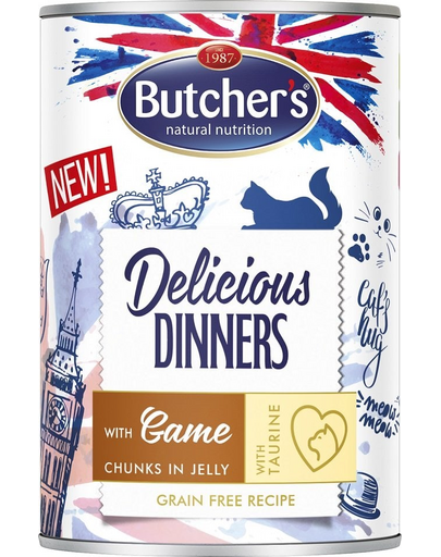 BUTCHER'S Delicious Dinners, karma dla kota, kawałki z dziczyzną w galaretce, 400g