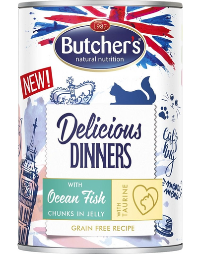 BUTCHER'S Delicious Dinners, karma dla kota, kawałki z rybą morską w galaretce, 400g