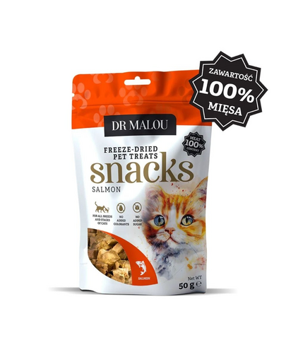 DR MALOU Húsos kockák 100% fagyasztva szárított lazac hús 50g jutalom macskáknak