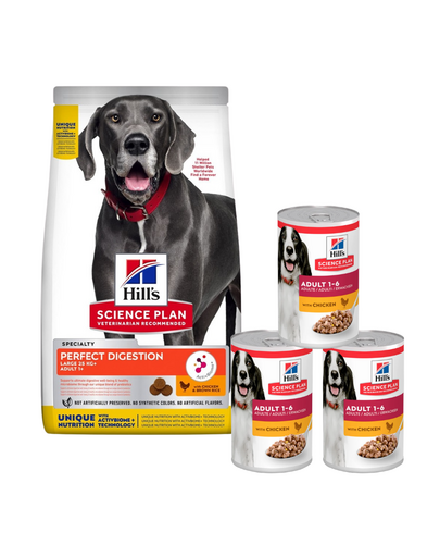 HILL'S Science Plan Canine Adult Large Perfect Digestion Chicken and Brown Rice 14kg kutyatáp nagytestű kutyák számára + 3 konzerv GRATIS