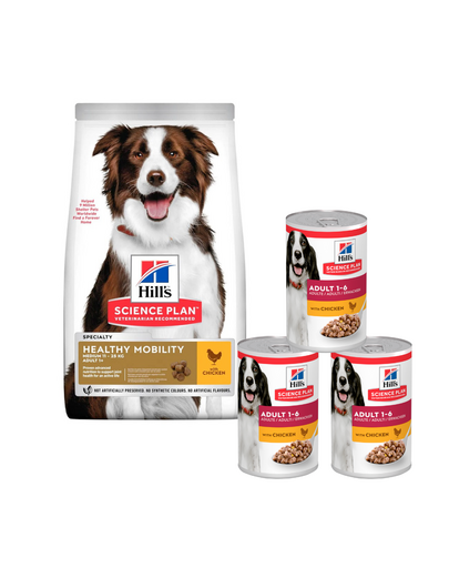 HILL'S Science Plan Canine Adult Healthy Mobility Medium Chicken 14 kg közepes fajtájú kutyatáp csirke ízület támogatás + 3 doboz INGYENES
