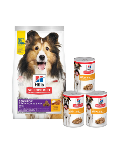 HILL'S Canine Adult Sensitive Stomach & Skin 14 kg + 3 konzervdoboz INGYENES
