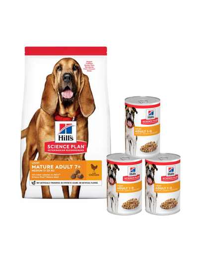 HILL'S Science Plan 7+ Dog Mature Light Medium csirke 14 kg idős kutyáknak + 3 konzervdoboz INGYENES