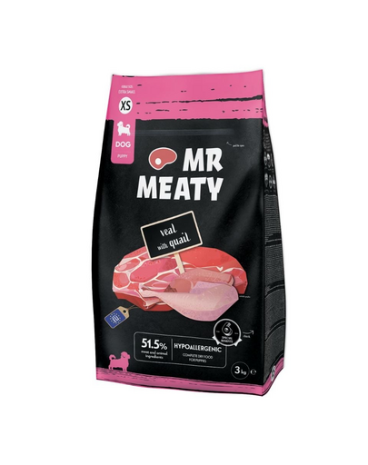 MR MEATY Puppies Veal with Quail XS 3 kg borjúhús fürjtojással, száraz táp kölyökkutyáknak