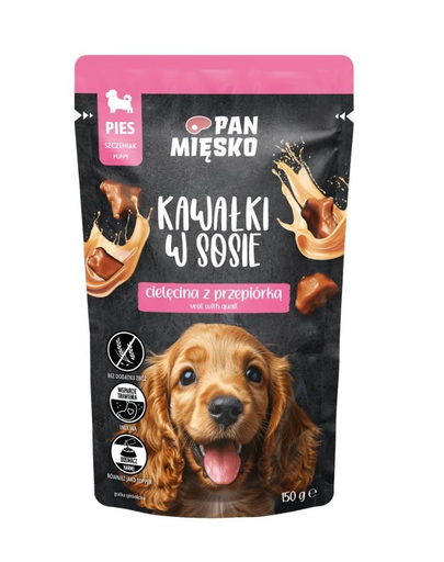 PAN MIĘSKO Kockák szószban Borjúhús fürjtojással nedves táplálék kölyökkutyák számára 150g