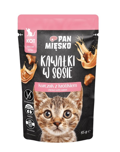 PAN MIĘSKO falatok szószban csirkével és nyúllal, nedves eledel kölyökmacskáknak 85 g