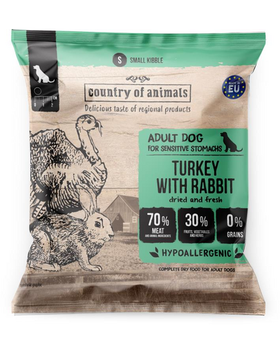 COUNTRY OF ANIMALS Pulyka Nyúllal M 50g pulyka nyúllal, száraz kutyatáp