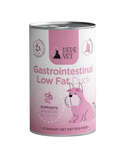 PAKA ZWIERZAKA PEPE Vet Gastrointestinal Low Fat Duck 400 g nedves táplálék kutyáknak, amely támogatja az emésztőrendszert