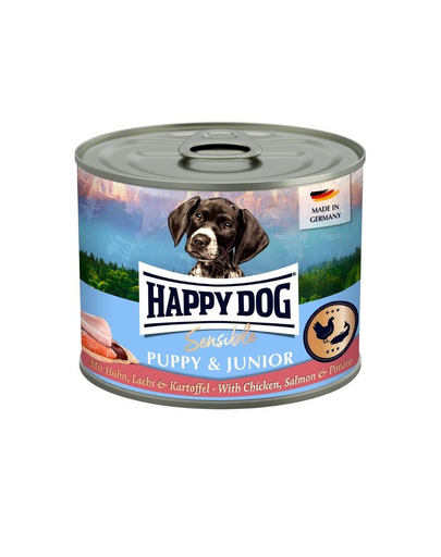 HAPPY DOG Sensible Puppy Junior Csirke, lazac és burgonya 200 g nedves táplálék kölyökkutyák és fiatal kutyák számára
