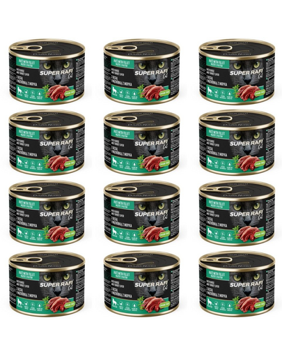 SUPER RAFI Cat kacsával és pulykás májjal 12x185g nedves táplálék ivartalanított macskák számára