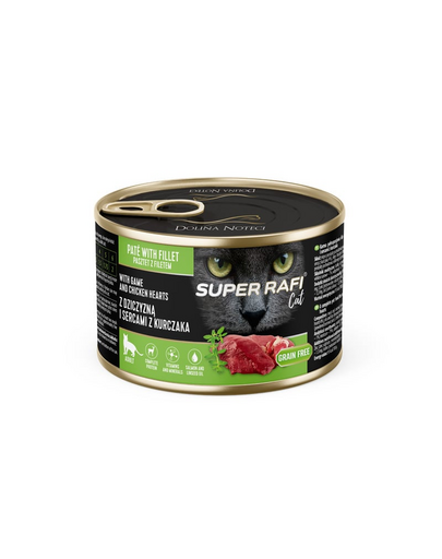 SUPER RAFI Cat vadhússal és csirkeszívvel 185g nedves macskaeledel