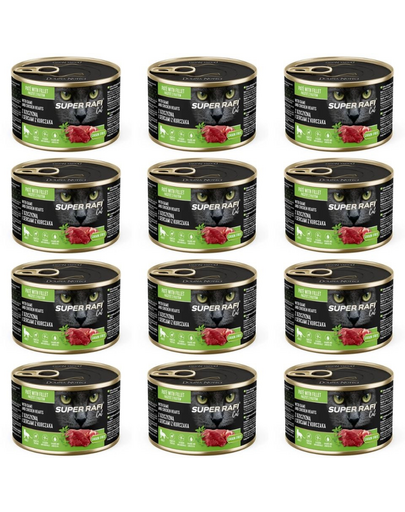 SUPER RAFI Cat vadhússal és csirkeszívvel 12x185g nedves macskaeledel