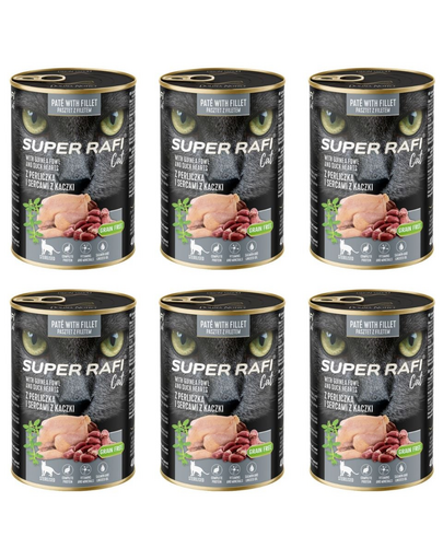 SUPER RAFI Cat perccsel és kacsaszívvel 6x400g nedves táplálék ivartalanított macskák számára