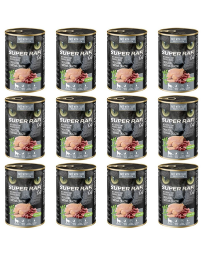SUPER RAFI Cat perccsel és kacsaszívvel 12x400g nedves táplálék ivartalanított macskák számára