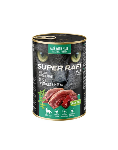 SUPER RAFI Cat kacsával és pulykás májjal 400g nedves táplálék ivartalanított macskák számára