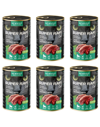 SUPER RAFI Cat kacsával és pulykás májjal 6x400g nedves táplálék ivartalanított macskák számára