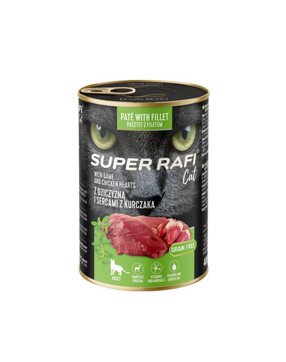 SUPER RAFI Cat vaddisznóhússal és csirkeszívvel 400g nedves macskaeledel