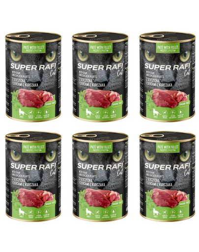 SUPER RAFI Cat vaddisznóhússal és csirkeszívvel 6x400g nedves macskaeledel