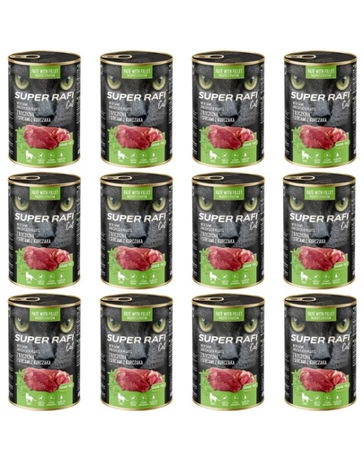 SUPER RAFI Cat vaddisznóhússal és csirkeszívvel 12x400g nedves macskaeledel