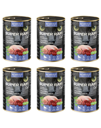 SUPER RAFI Cat fürjével és nyúlmájjal 6x400g nedves macskaeledel