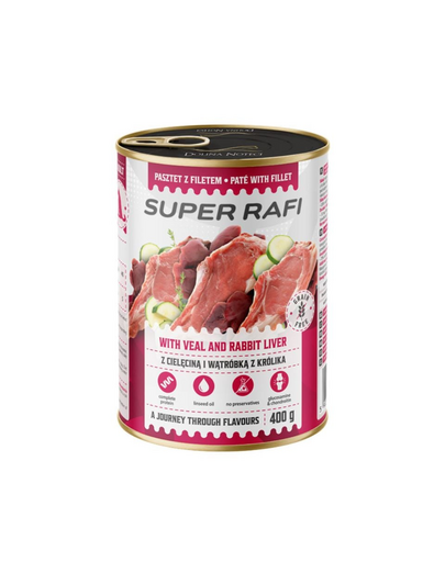 SUPER RAFI borjúhússal és nyúlmájjal 400 g nedves kutyatáp