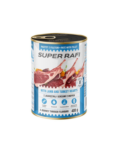 SUPER RAFI bárányhússal és pulykaszívekkel 400 g nedves kutyatáp