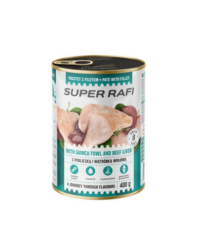 SUPER RAFI fürj és marhahús májjal 400 g nedves kutyaeledel
