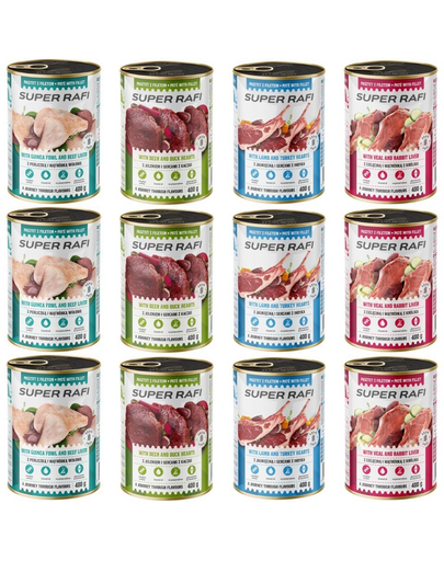SUPER RAFI Mix 4 Ízek 12x400 g nedves kutyaeledel