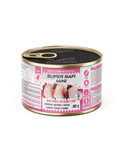 SUPER RAFI Mini pulykával és nyúlmájjal 185g nedves táplálék kisméretű kutyák számára
